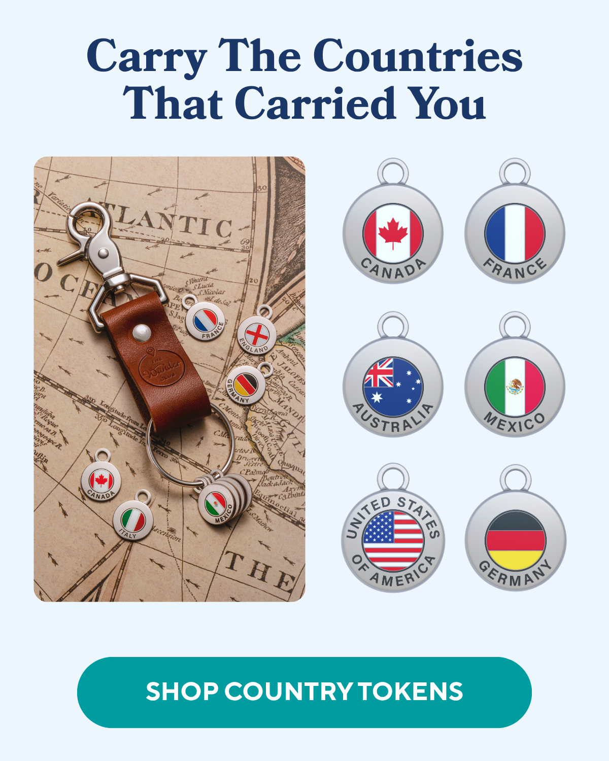 A leather keychain with country flag tokens for Italy, Mexico, England, and Germany on a vintage map, next to individual tokens for Canada, France, Australia, M