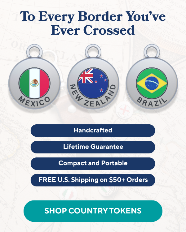 Three silver country tokens for Mexico, New Zealand, and Brazil, with a campaign headline and product features listed above a 'Shop' button, all set against a s